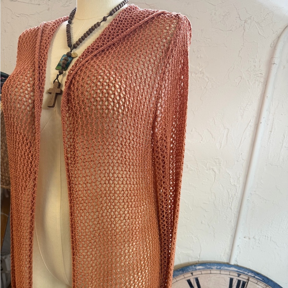 ELAN Crochet Bronze Copper Open Front‎ Hooded Duster Cardigan Jacket Cover-up L - Picture 4 of 10